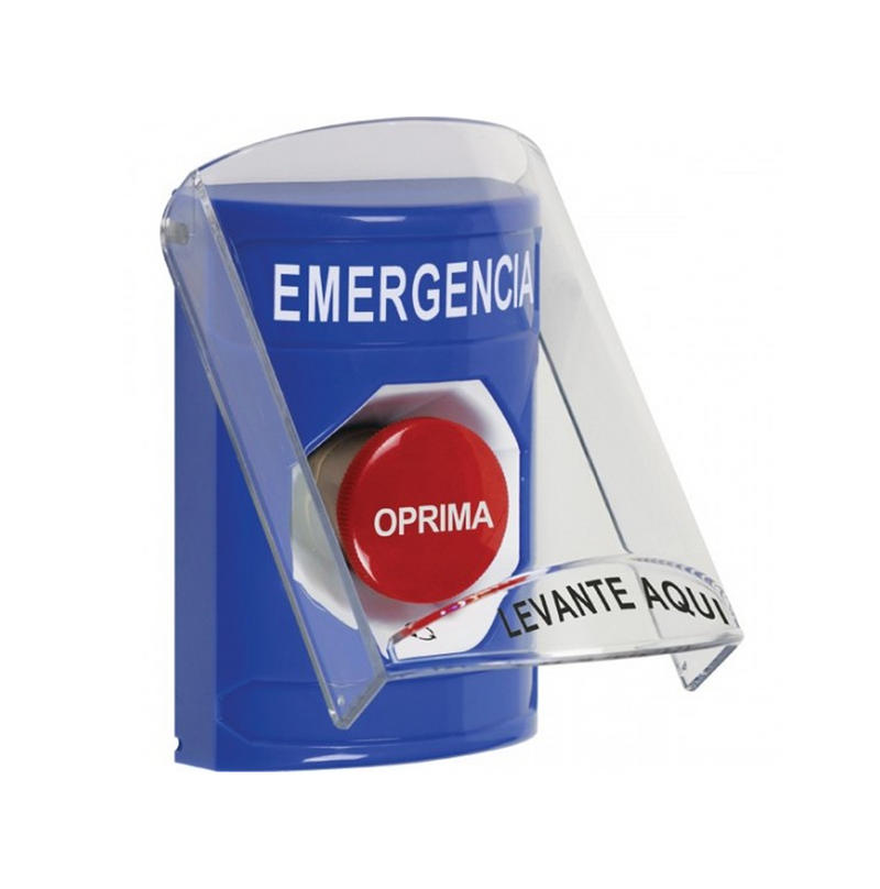 Botón azul sostenido con cubierta texto emergencia Marca: STI