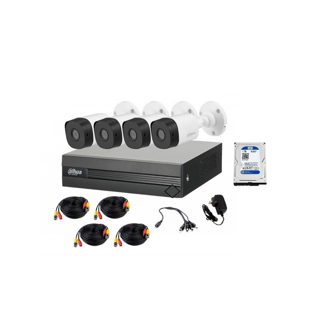 Kit de 4 cámaras de seguridad Bullet con XVR de 4 canales, 4 cables de 18 metros + Disco Duro Marca: Dahua