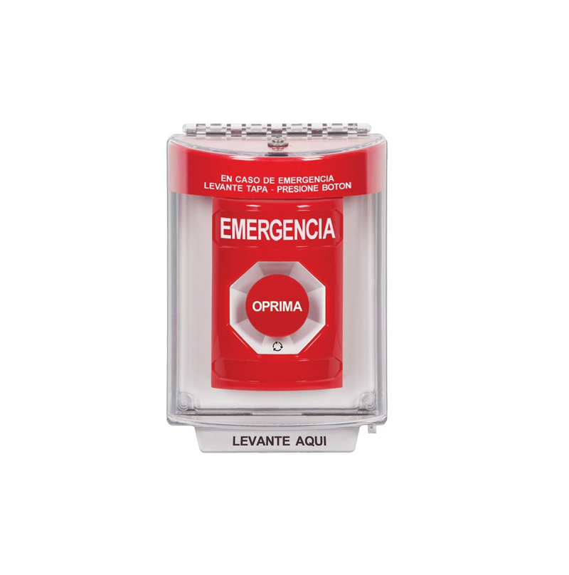 Botón rojo sostenido con cubierta STI / texto emergencia Marca: STI