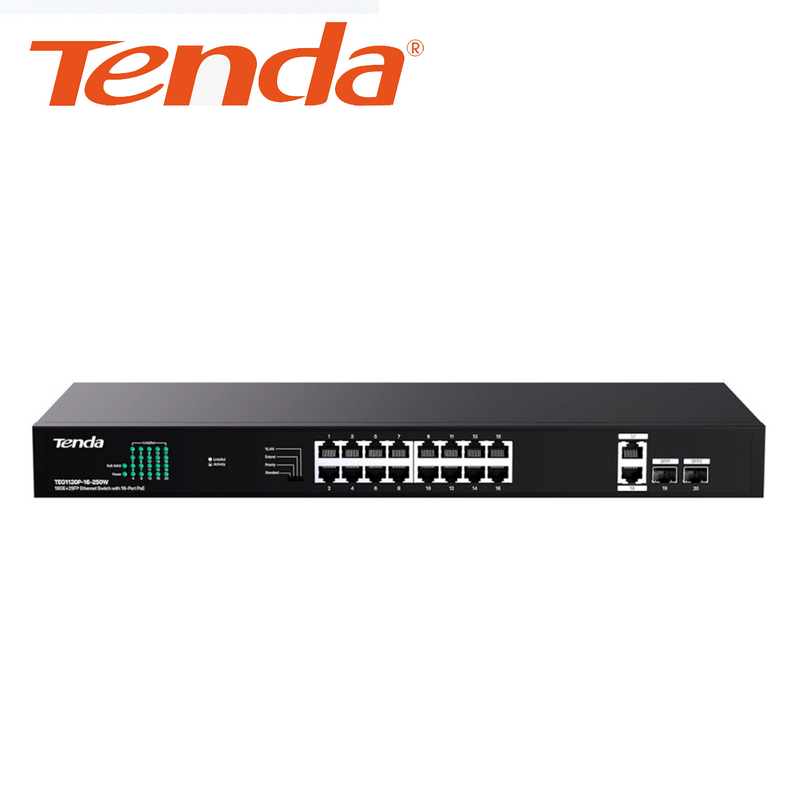 Switch 16 Puertos PoE+ TEG1120P-16-250W Marca: Tenda