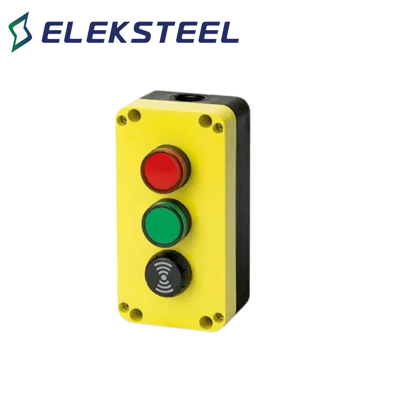 Caja botonera, 3 orificios, color amarillo, equipada con pulsadores rojo, verde y negro CAJ031 Marca: Eleksteel