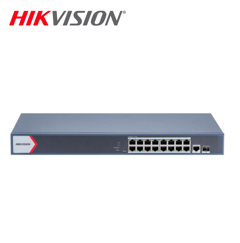 Switch de 16 puertos PoE Gigabit y 2 puertos fibra óptica DS3E1518PEIM Marca: Hikvision
