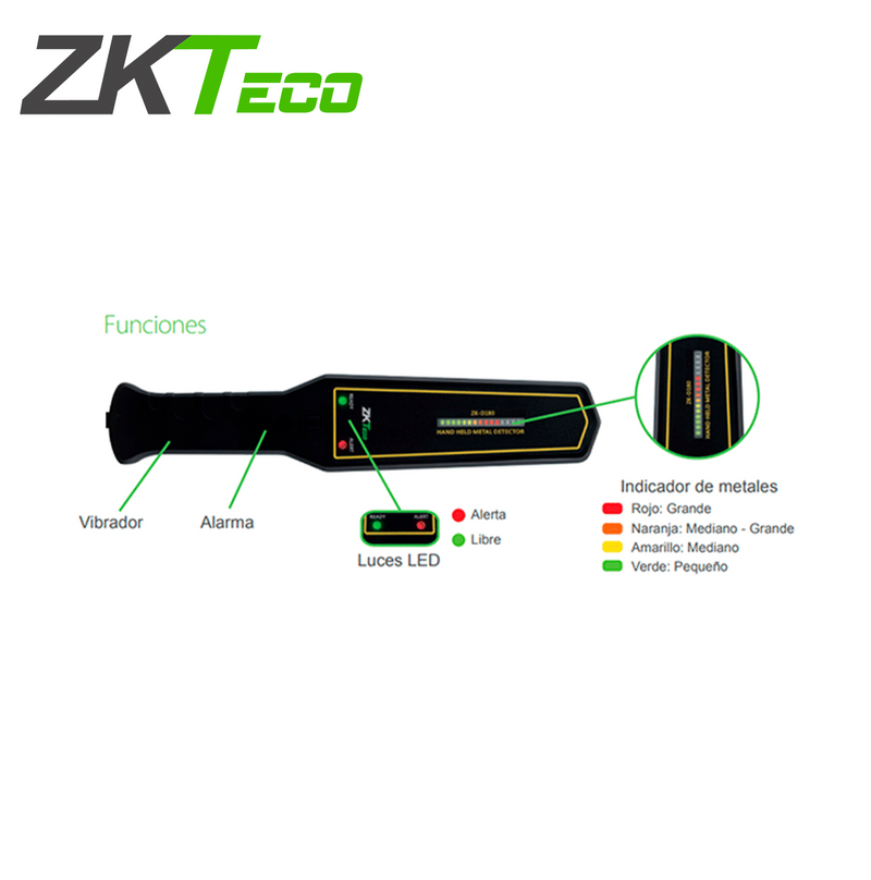 Detector de metales portátil con alta sensibilidad, indicador visual, alarmas sonora y vibración D180 Marca: ZkTeco