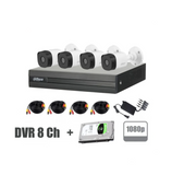 Kit de 4 cámaras bullet con XVR de 8 canales, 4 cables de 20 metros + Disco Duro Marca: Dahua